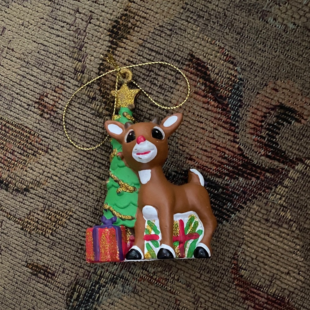 Rudolph the Red Nose Reindeer Ornament with Christmas Tree